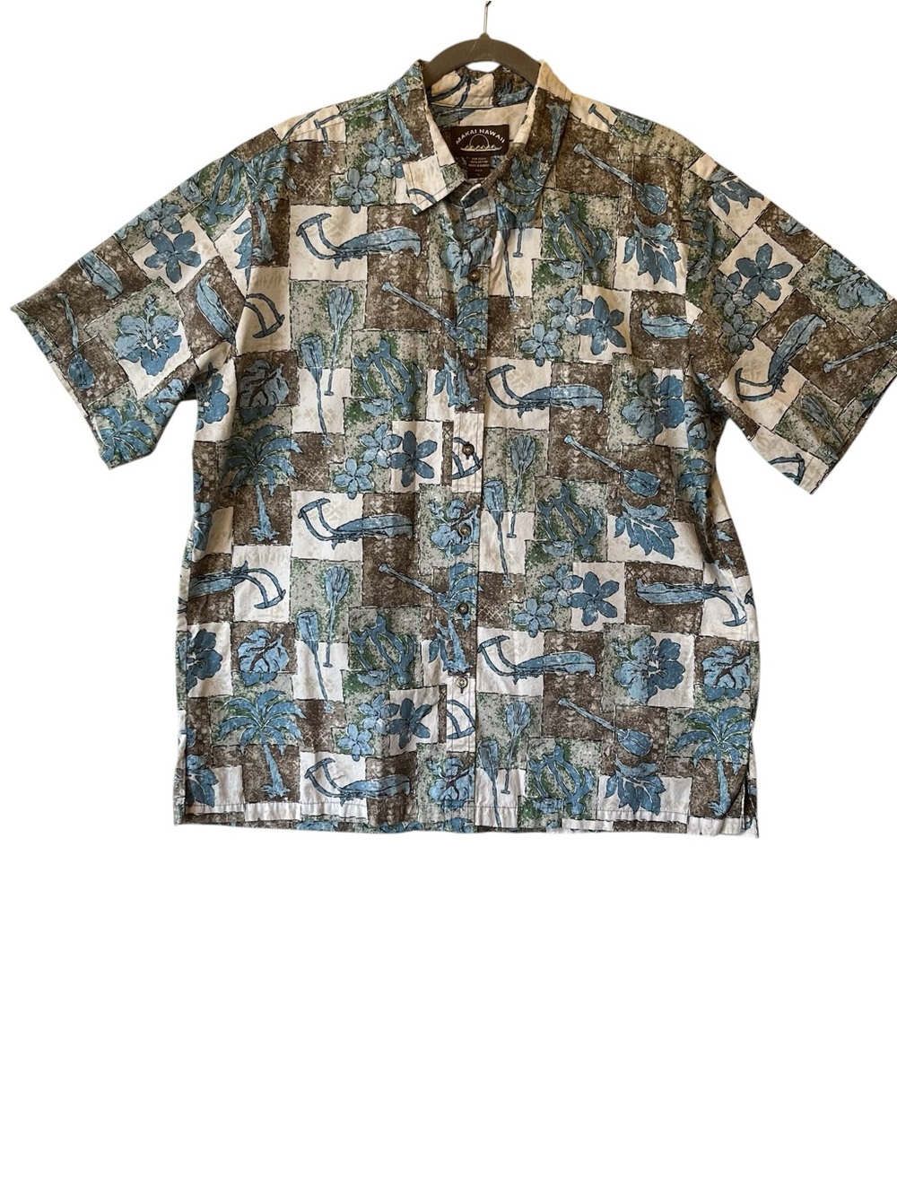 Makai Hawaii Button up shirt XL Short sleeve Pocket Cotton Blue Hawaiian Floral